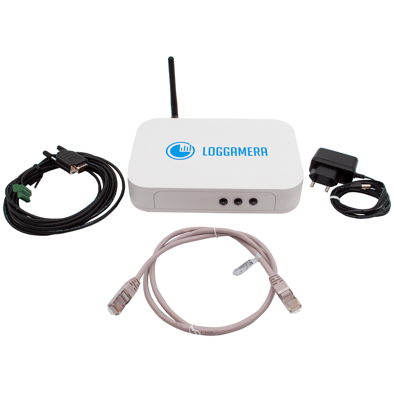 Mätbox med kablar och nätadapter.