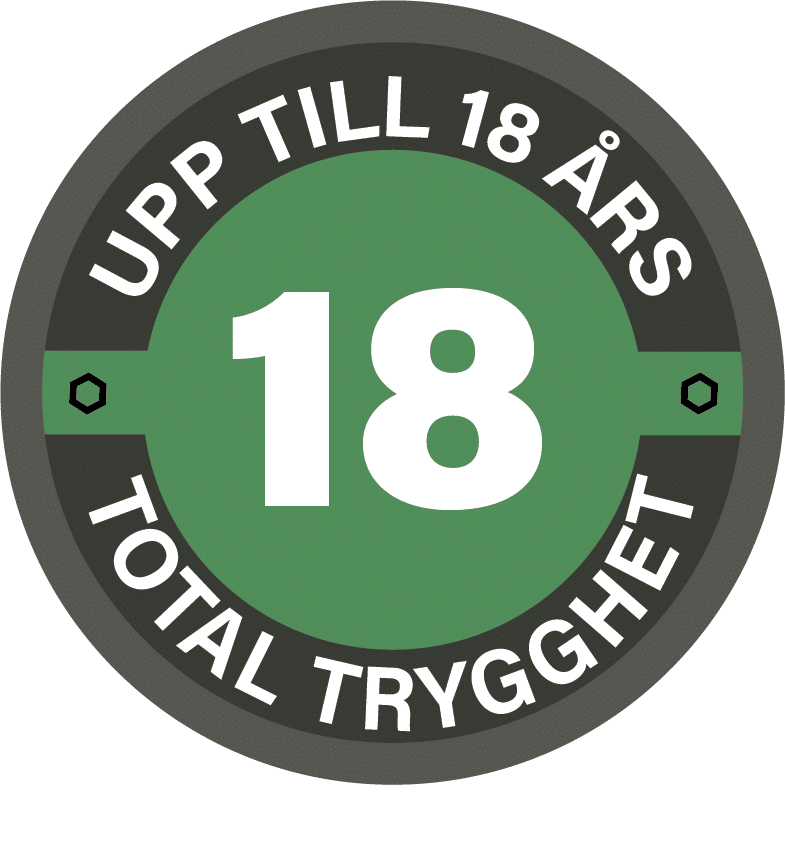 Symbol med texten Upp till 18 års total trygghet.